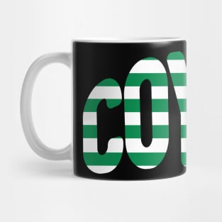 COYBIG, Glasgow Celtic Football Club Green and White Hooped Warped Text Design Mug